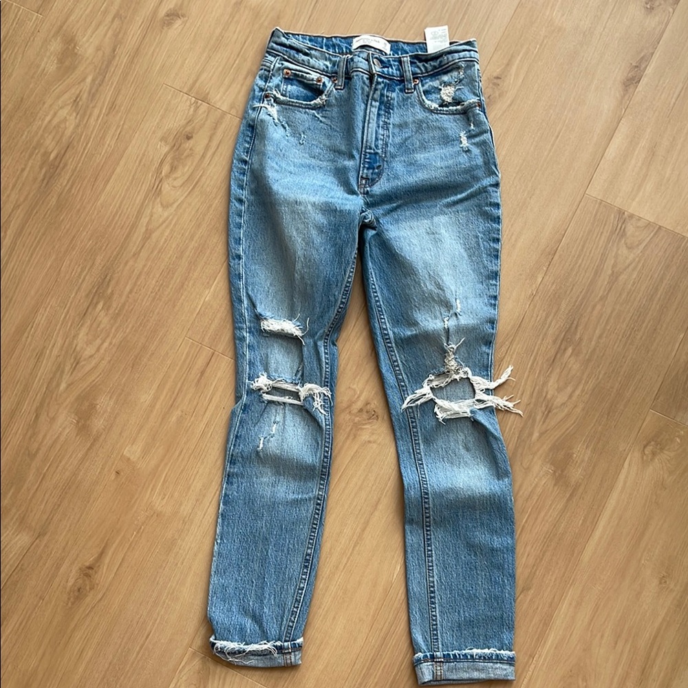 Abercrombie & Fitch Blue Straight Leg Jeans with Ripped Knees and Distressing